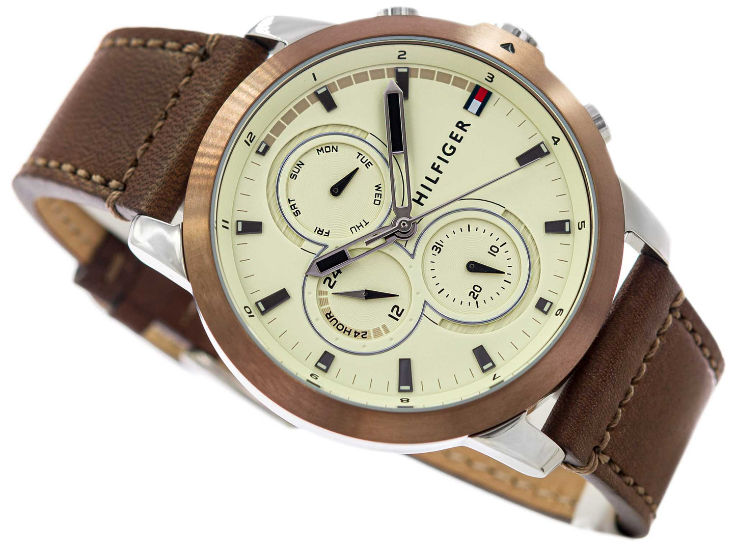 RELOJ CON SUBESFERAS Y CORREA DE PIEL MARRÓN