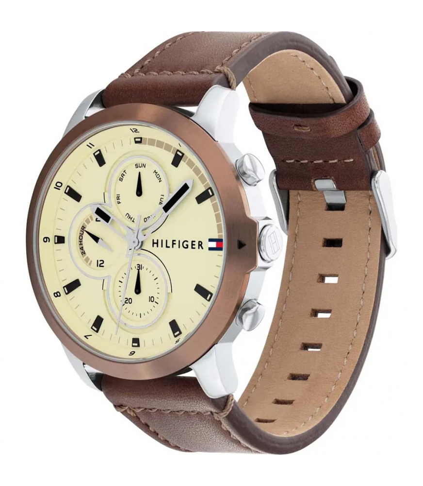 RELOJ CON SUBESFERAS Y CORREA DE PIEL MARRÓN