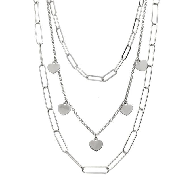 Collar Ok Silver eslabones y corazones triple cadena