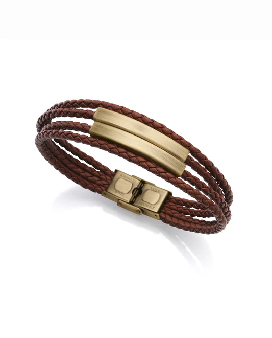 Pulsera Air de acero con placa en Ip broce y piel marrón