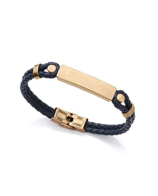Pulsera Magnum de acero en IP bronce y piel trenzada en color azul